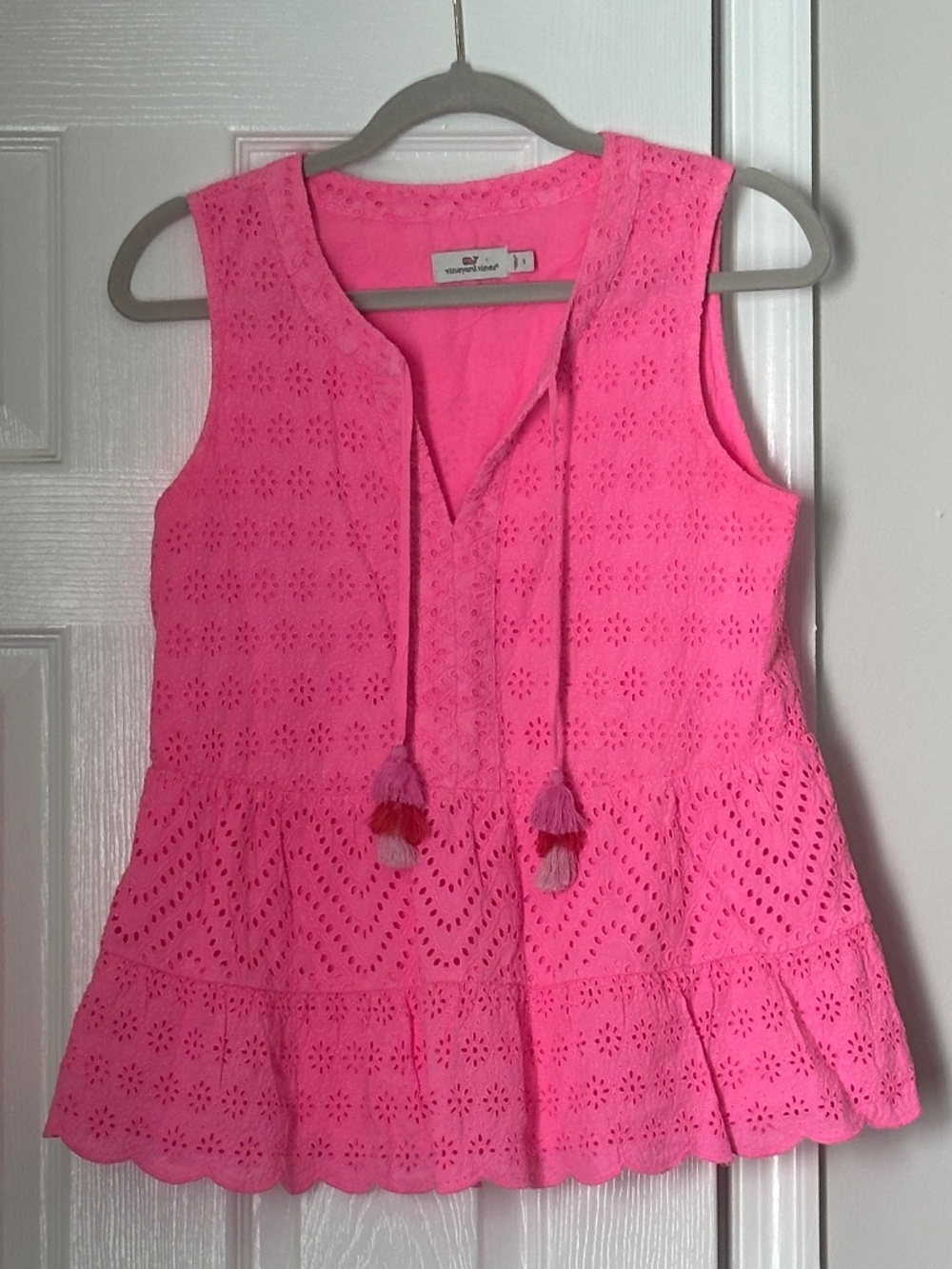 Vineyard Vines Sleeveless Tiered Top Tank Pink Eyelet Tassels Lined Small